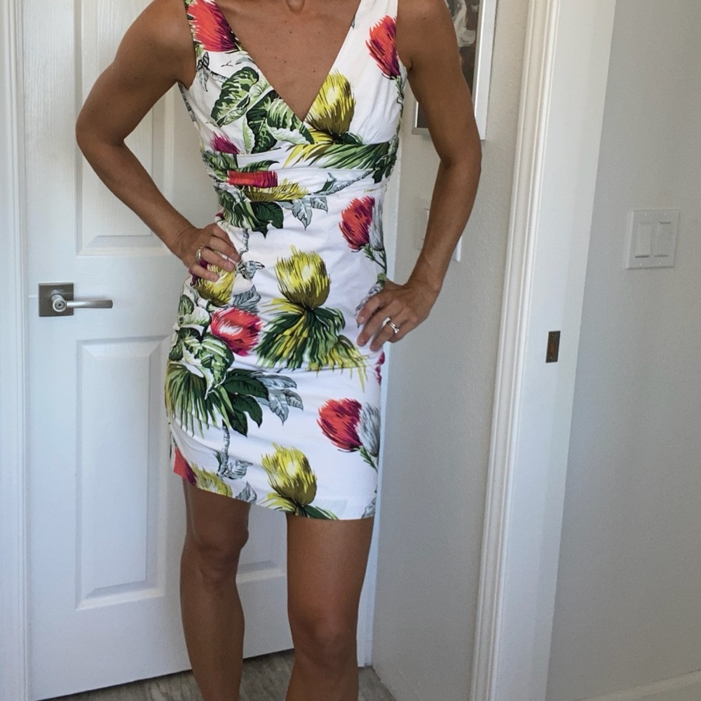 Nicole Miller Tropical Dress. White, Green, Pink, and Yellow. Size 4.